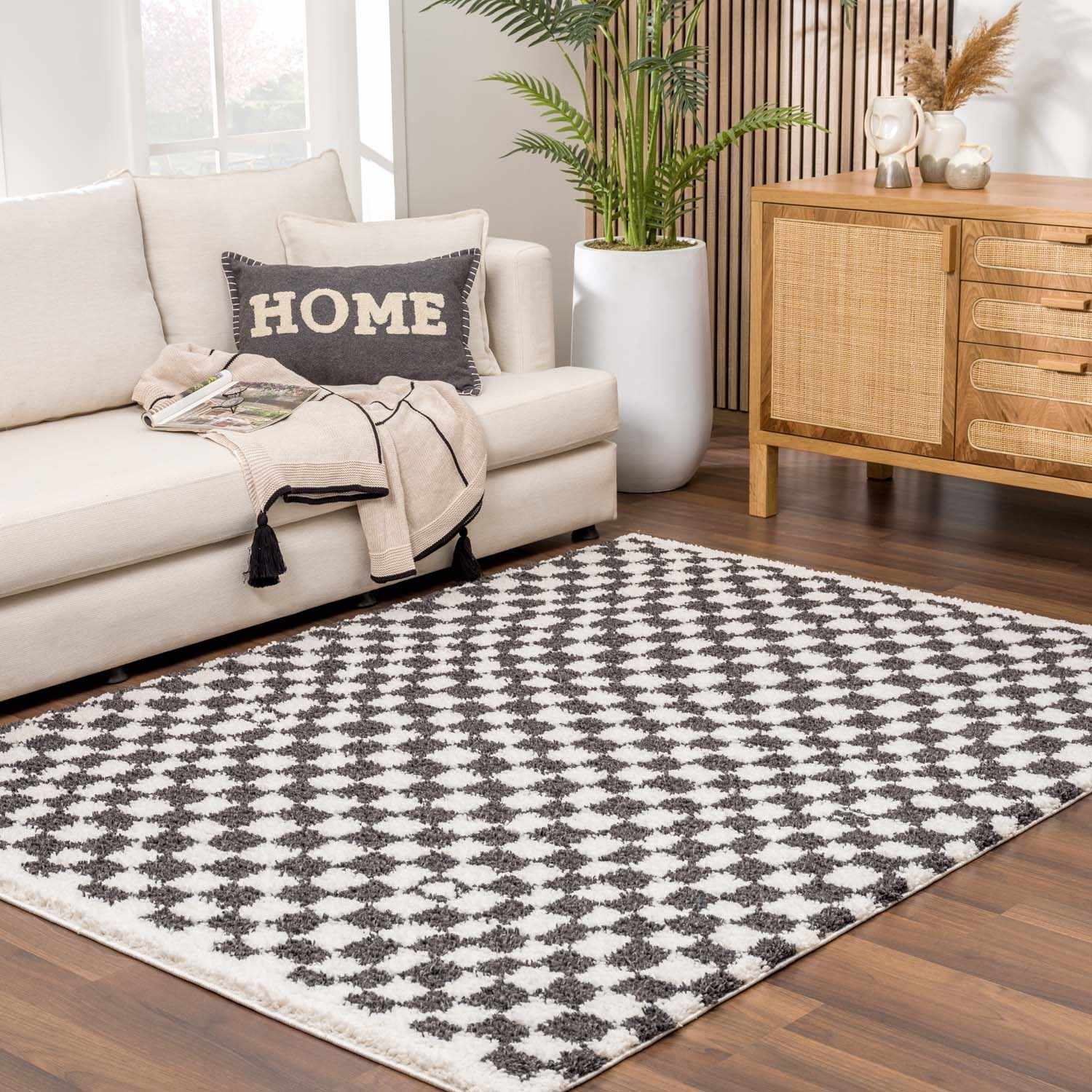 Kieu Black & White Checkered Shag Rug