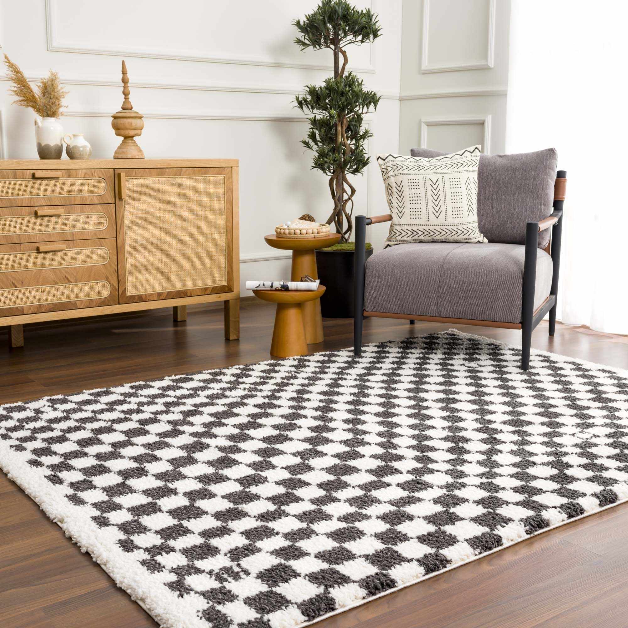 Kieu Black & White Checkered Shag Rug