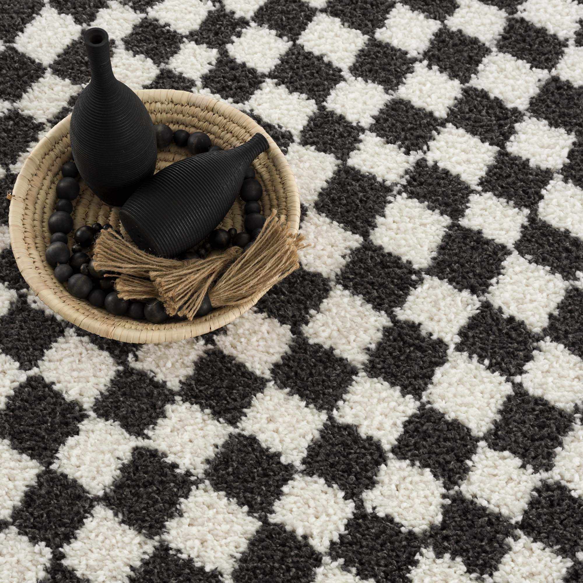 Kieu Black & White Checkered Shag Rug