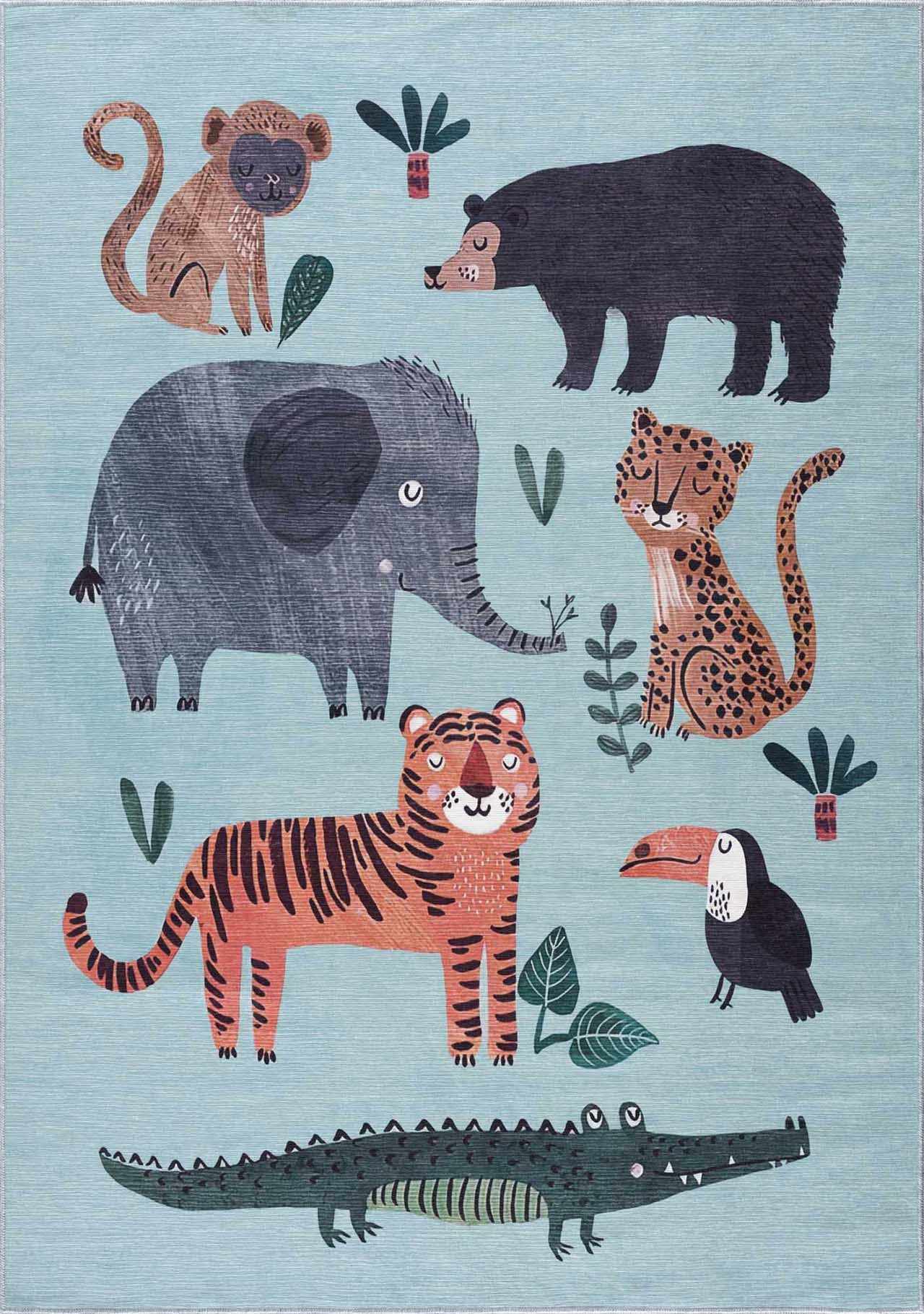 Petey Blue Animal Print Washable Kids Rug