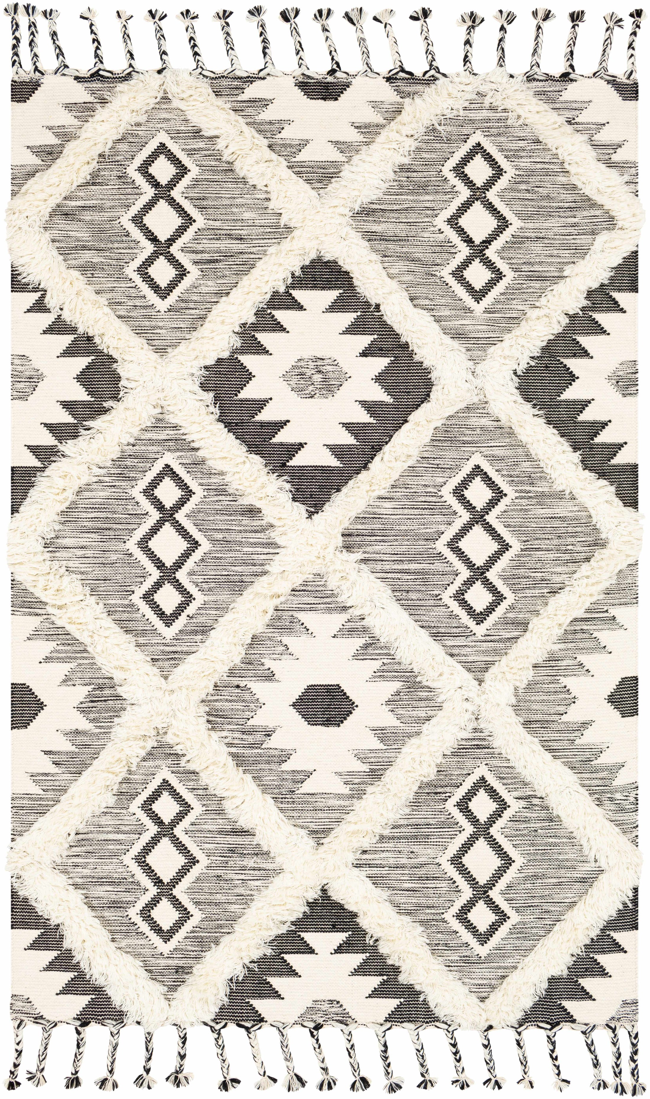 Jarales Cream/Black Tribal Tassel Wool Rug - Clearance