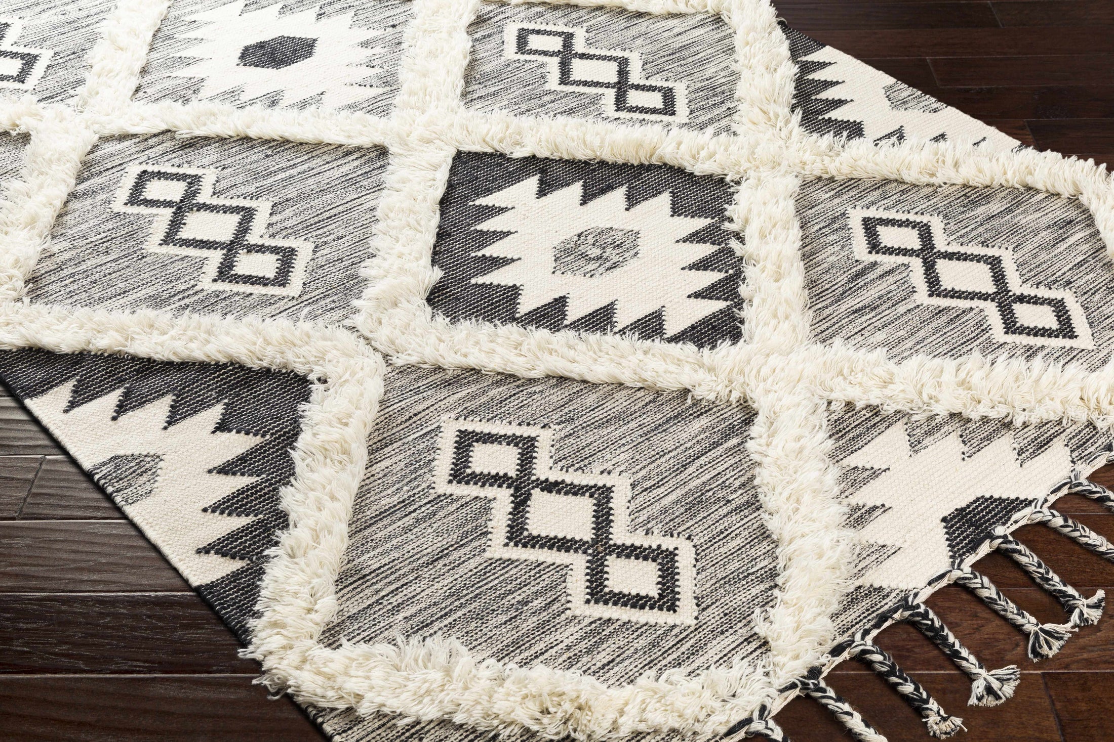 Jarales Cream/Black Tribal Tassel Wool Rug - Clearance