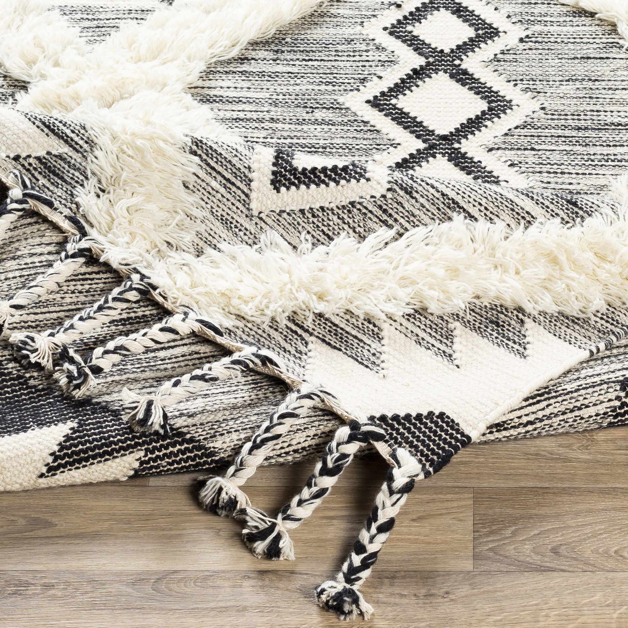 Jarales Cream/Black Tribal Tassel Wool Rug - Clearance