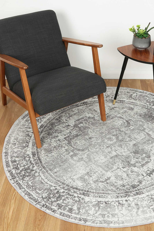 Distressed Vintage Chilaz Grey Round Rug