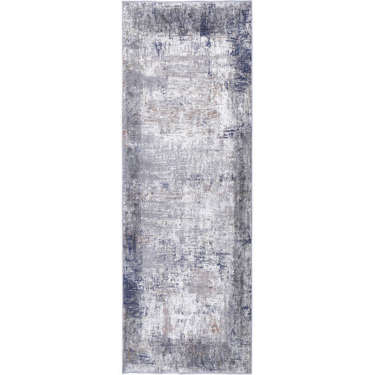 Abstract Border Echo in Blue & Grey : Runner Rug